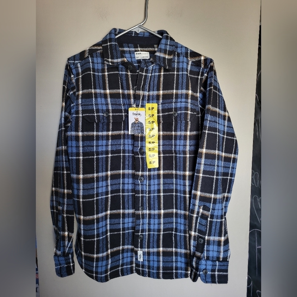 NEW- Frank Blue and Black Plaid Button Down Shirt Jacket, Size Small